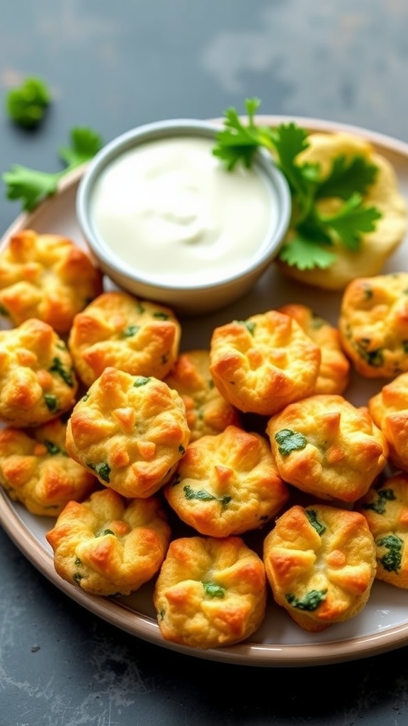 A platter of crispy spinach dip bites with a bowl of creamy dip, garnished with parsley.